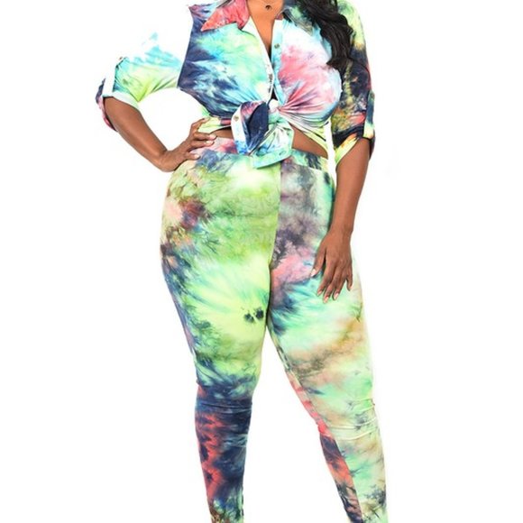 Pants - Women's Lemon & Lime Tie Dye Print Button Down Shirt & Skinny Leggings Set